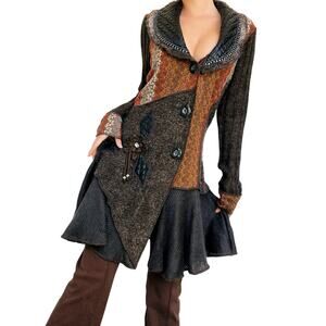 SIONI STUDIO Embellished Brown and Orange Patchwork Cardigan Size M/L